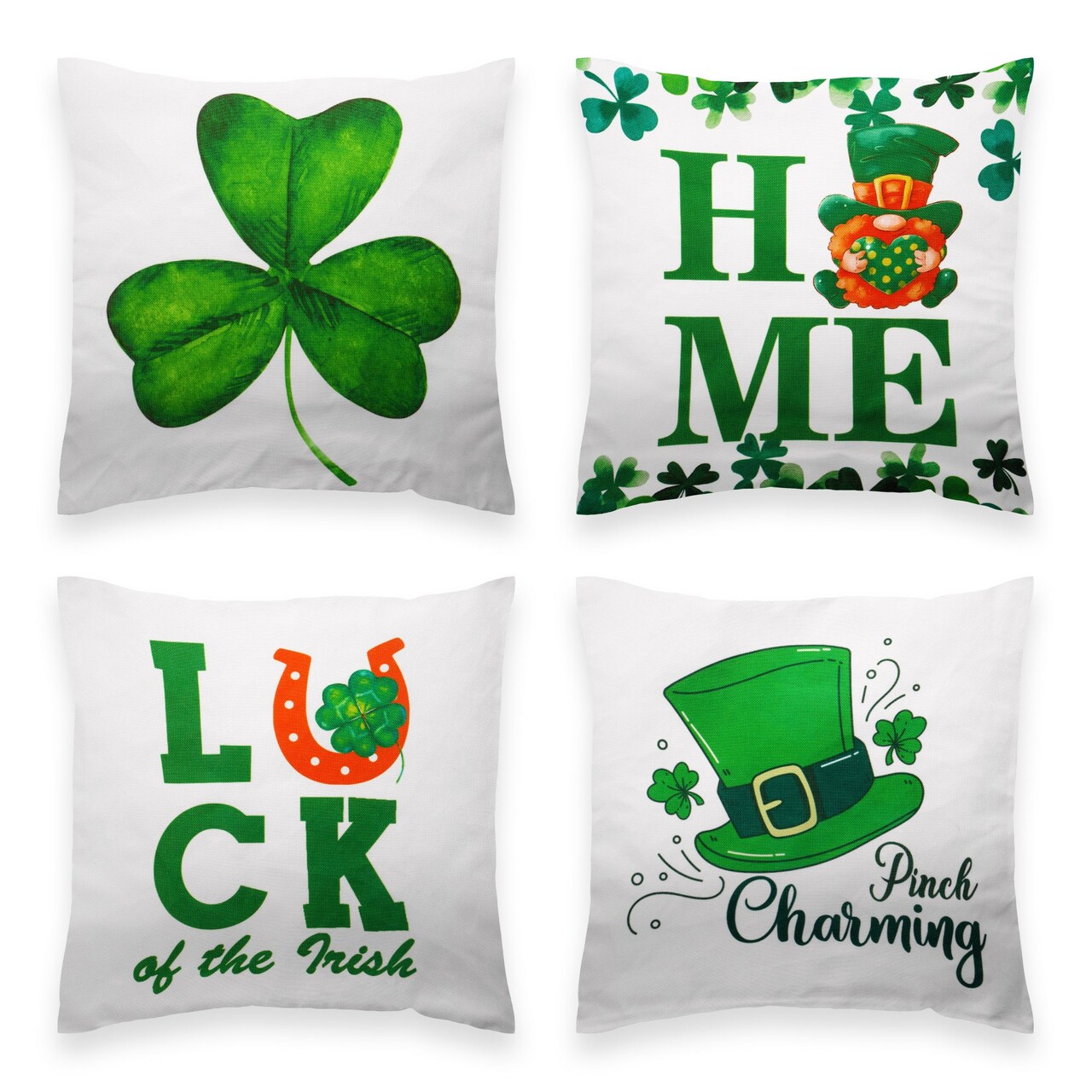 G128 St Patrick's Day Decoration Gnome Luck Shamrock Waterproof Throw Pillow Covers | 18 x 18 in | Set of 4, Beautiful Cushion Covers for St Patrick's Day Sofa Couch Decoration
